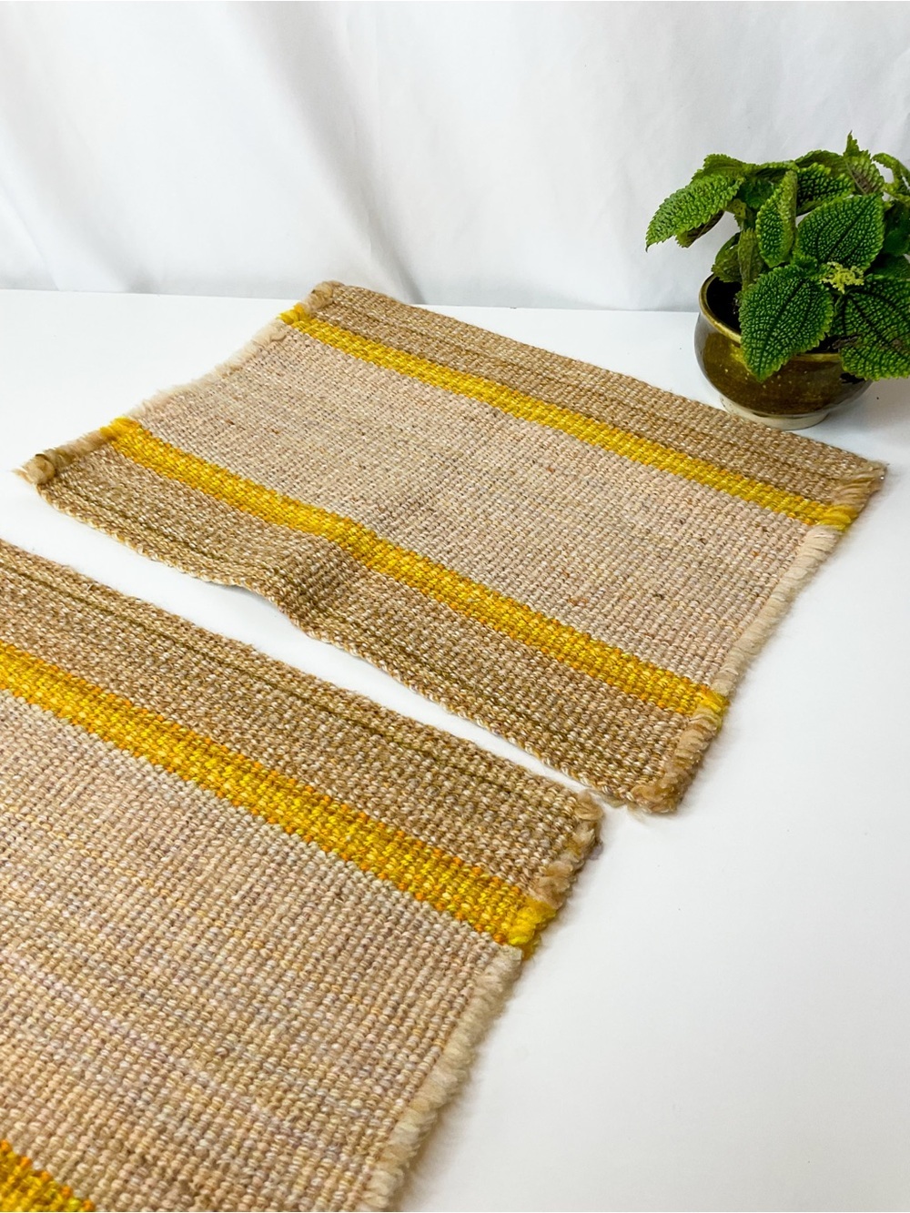 Vintage Handwoven Wool Placemats with Yellow Stripe - set of two